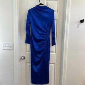 Mock Neck Jacquard Split Hem Satin Dress